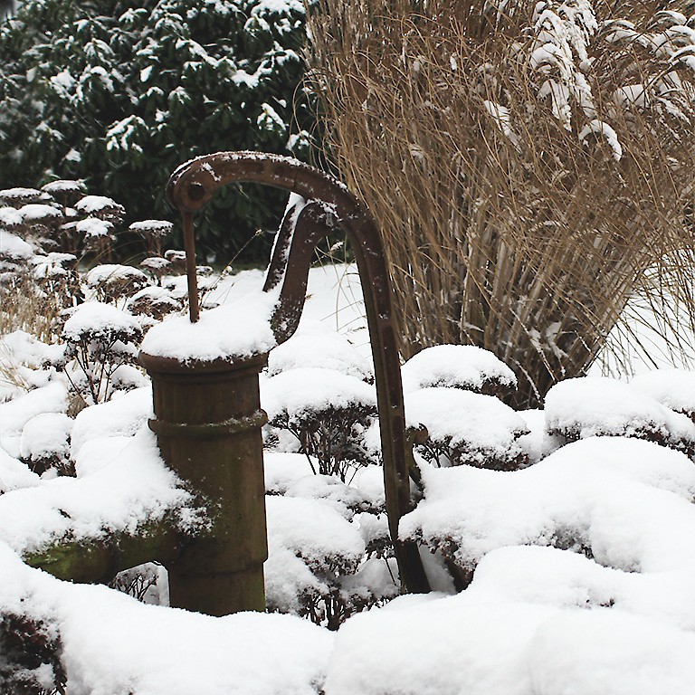 Gartenpflege im Winter – ländlicher Garten im Winterschlaf